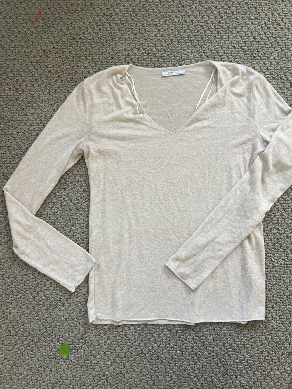 Knit Light Beige Long Sleeve V-Neck Top size medium by Zara layering sheer